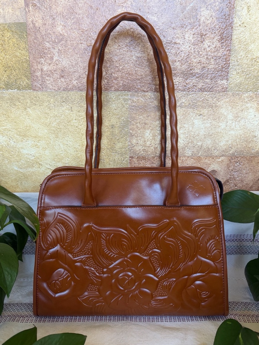 NEW Patricia Nash Paris Large Satchel Leather Crossbody Florence Cognac Handbag